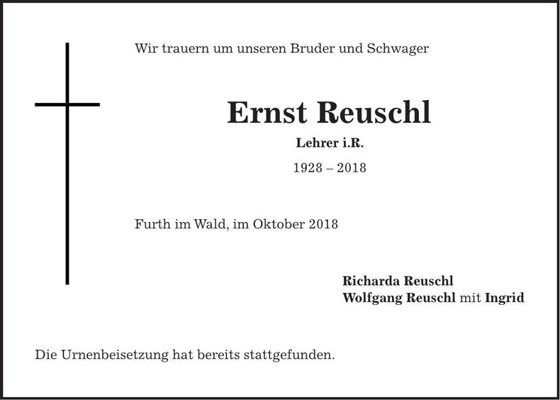 Traueranzeige Ernst Reuschl