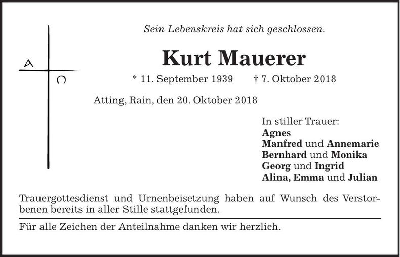 Traueranzeige Kurt Mauerer