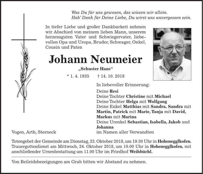 Traueranzeige Johann Neumeier