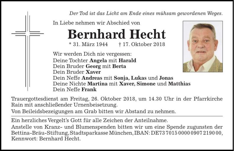 Traueranzeige Bernhard Hecht
