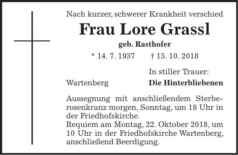 Traueranzeige Lore Grassl