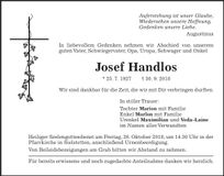 Traueranzeige Josef Handlos