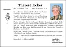 Traueranzeige Therese Ecker