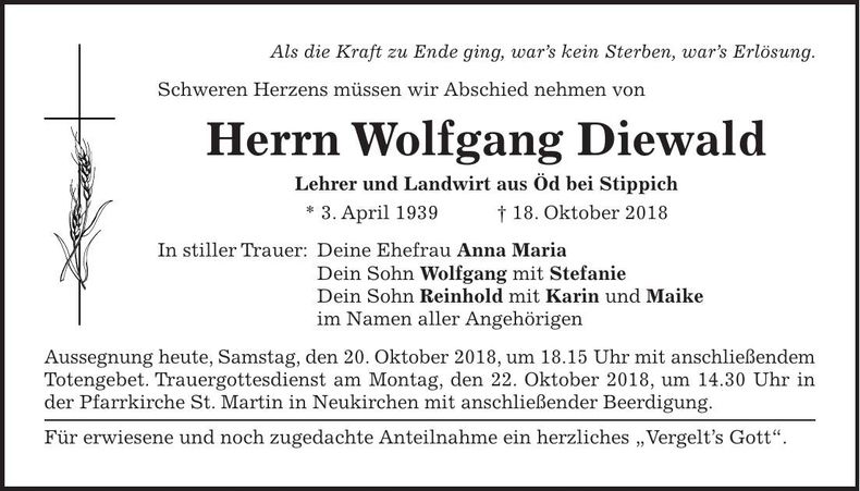 Traueranzeige Wolfgang Diewald