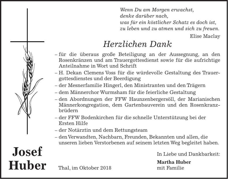 Traueranzeige Josef Huber