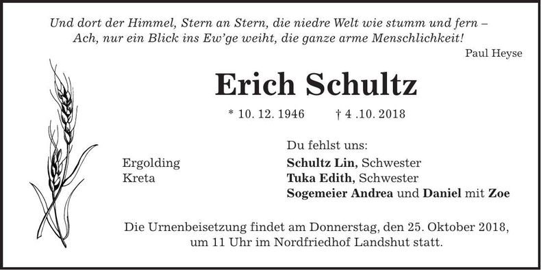 Traueranzeige Erich Schultz