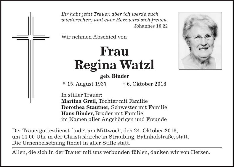 Traueranzeige Regina Watzl