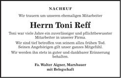 Traueranzeige Toni Reff