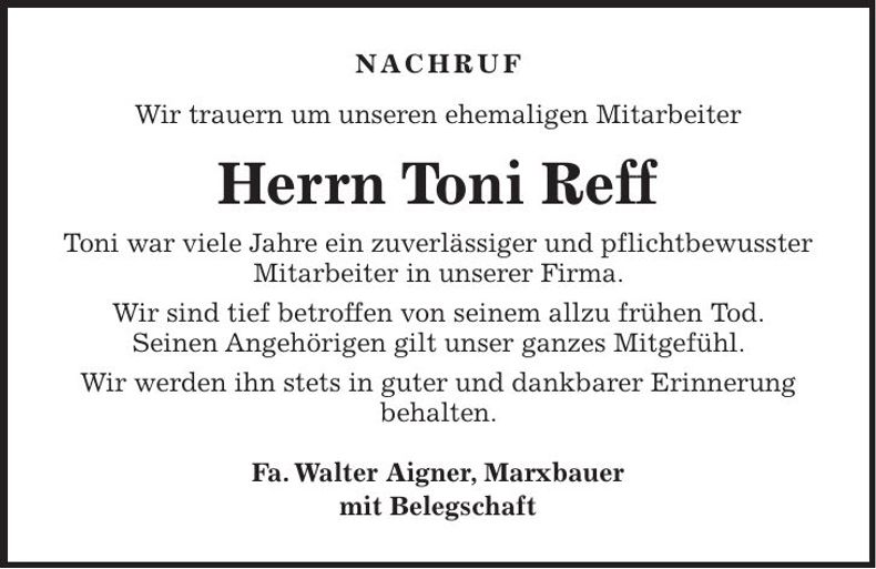 Traueranzeige Toni Reff