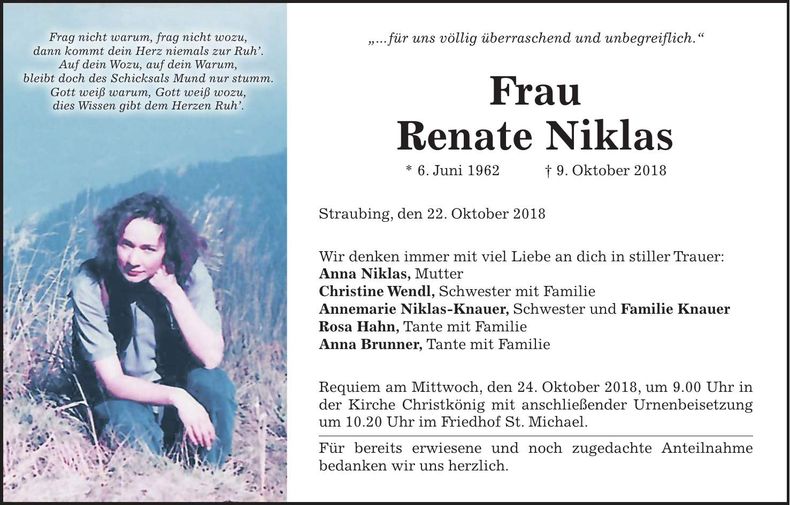 Traueranzeige Renate Niklas