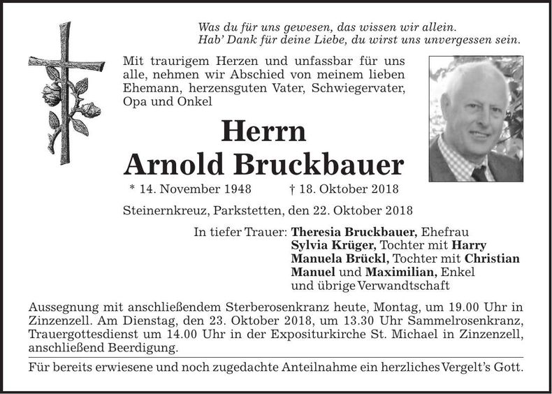 Traueranzeige Arnold Bruckbauer