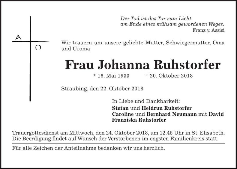 Traueranzeige Johanna Ruhstorfer