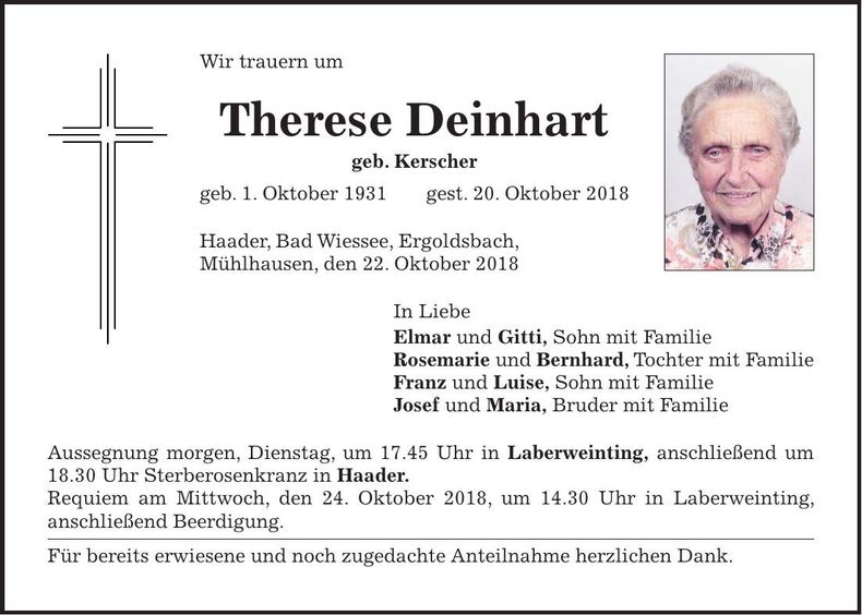 Traueranzeige Therese Deinhart