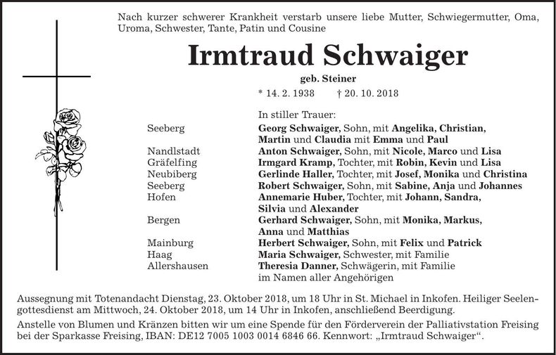 Traueranzeige Irmtraud Schwaiger
