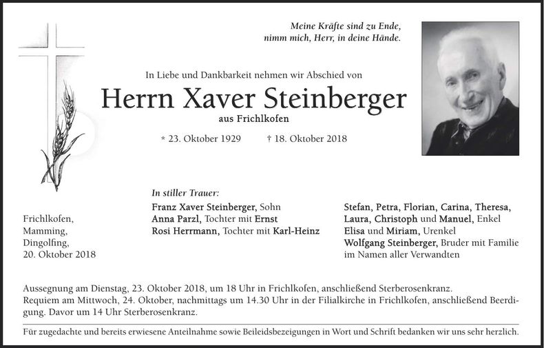 Traueranzeige Xaver Steinberger