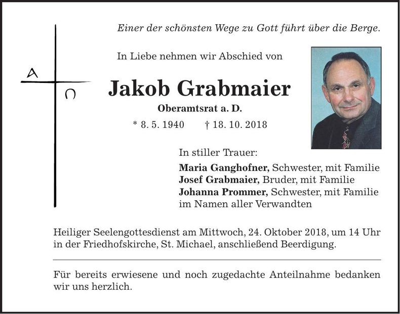 Traueranzeige Jakob Grabmaier