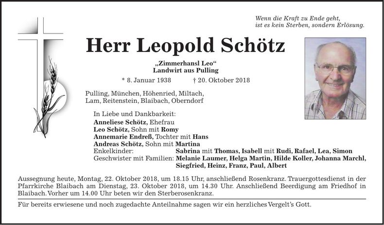 Traueranzeige Leopold Schötz