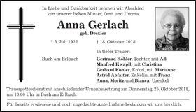 Traueranzeige Anna Gerlach