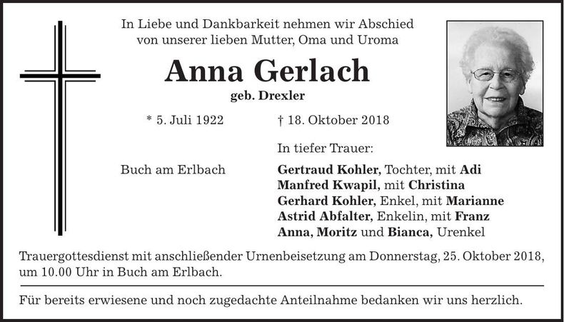 Traueranzeige Anna Gerlach