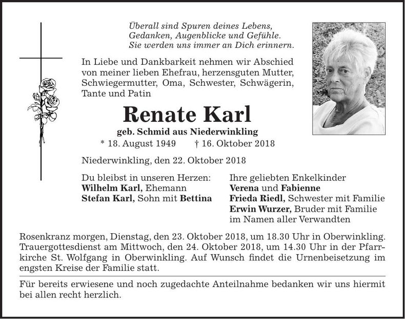 Traueranzeige Renate Karl