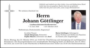 Traueranzeige Johann Göttlinger