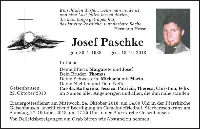 Traueranzeige Josef Paschke