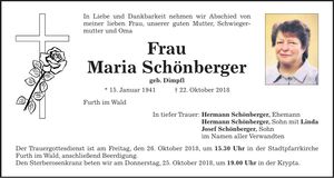Traueranzeige Maria Schönberger