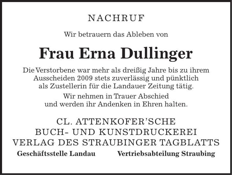 Traueranzeige Erna Dullinger