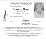 Traueranzeige Lorenz Mayr