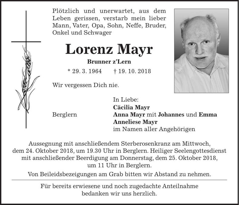 Traueranzeige Lorenz Mayr