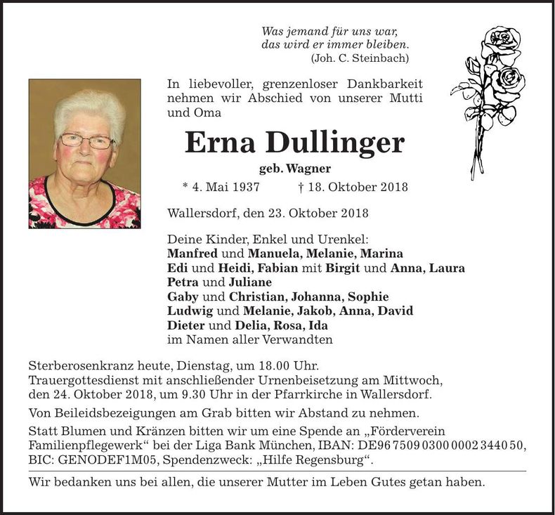 Traueranzeige Erna Dullinger