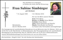 Traueranzeige Sabine Simbürger