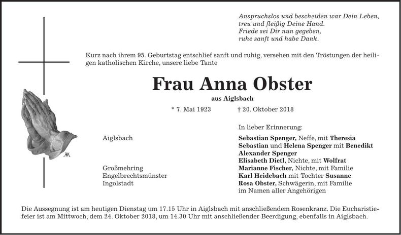 Traueranzeige Anna Obster