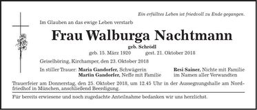 Traueranzeige Walburga Nachtmann
