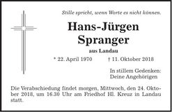 Traueranzeige Hans-Jürgen Spranger