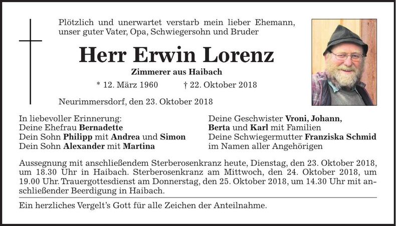 Traueranzeige Erwin Lorenz