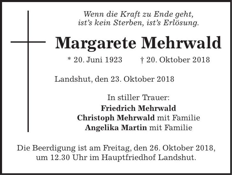 Traueranzeige Margarete Mehrwald