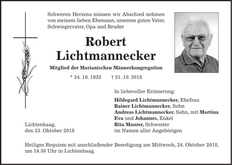 Traueranzeige Robert Lichtmannecker