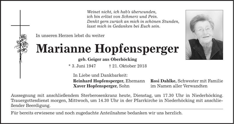 Traueranzeige Marianne Hopfensperger