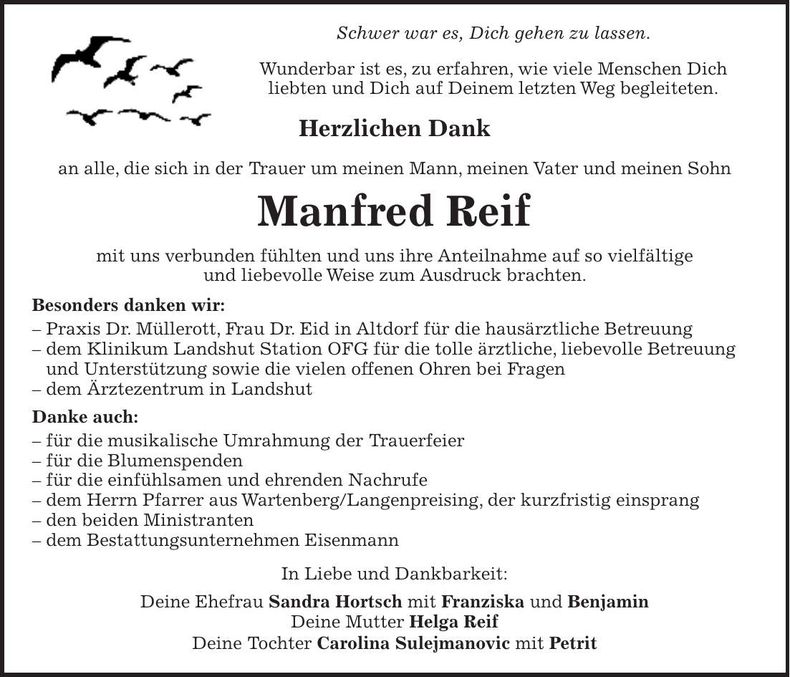 Traueranzeige Manfred Reif