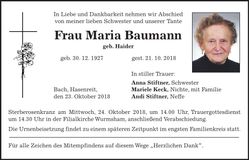 Traueranzeige Maria Baumann