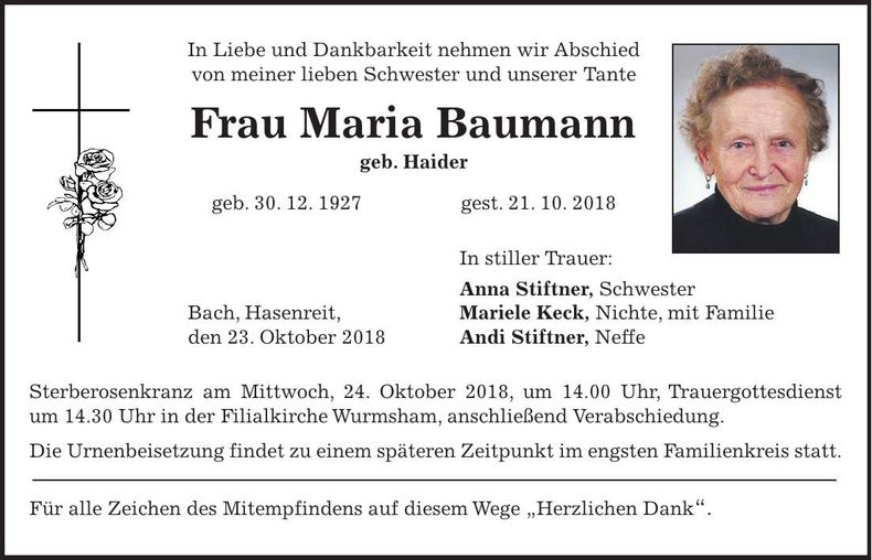 Traueranzeige Maria Baumann