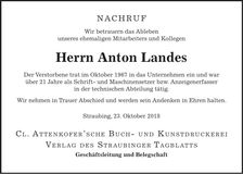 Traueranzeige Anton Landes