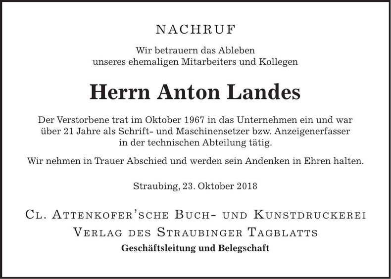Traueranzeige Anton Landes