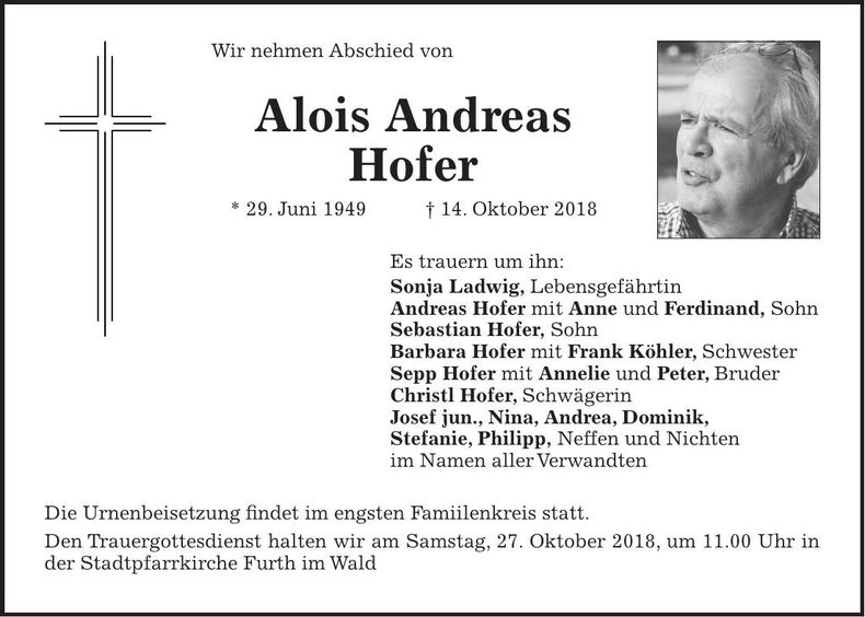 Traueranzeige Alois Andreas Hofer