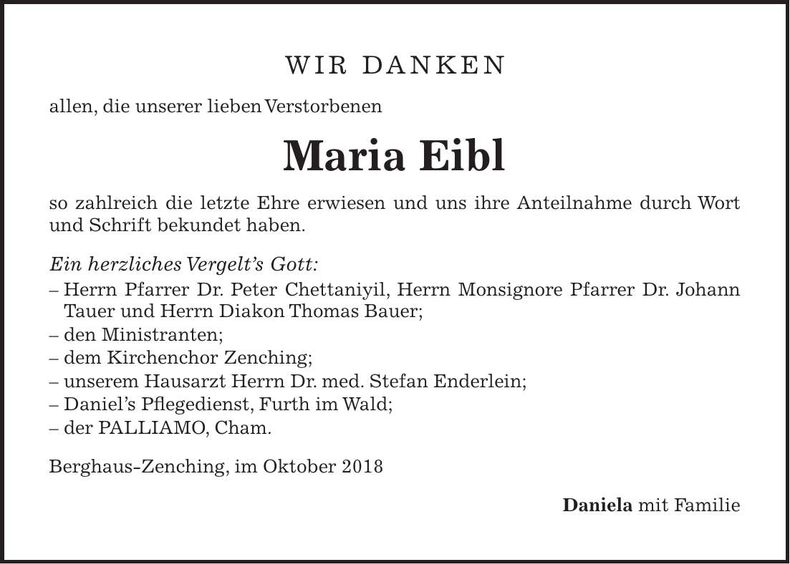 Traueranzeige Maria Eibl