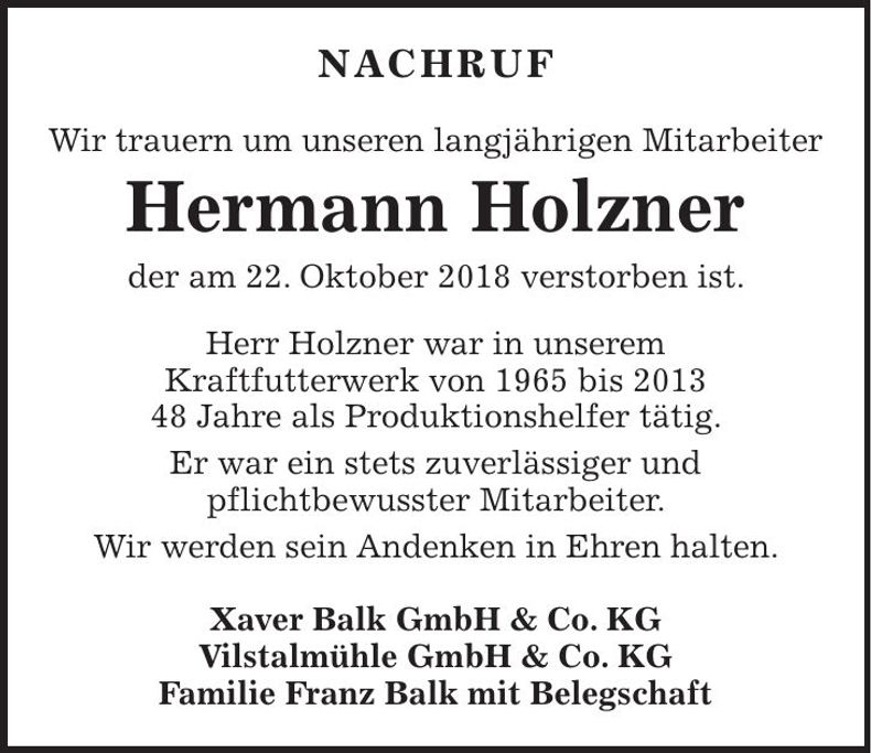 Traueranzeige Hermann Holzner