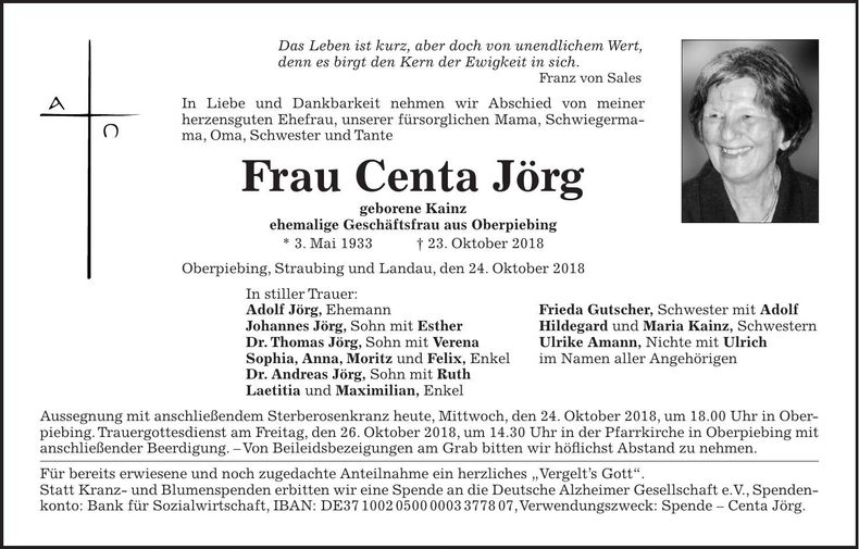 Traueranzeige Centa Jörg