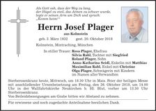 Traueranzeige Josef Plager