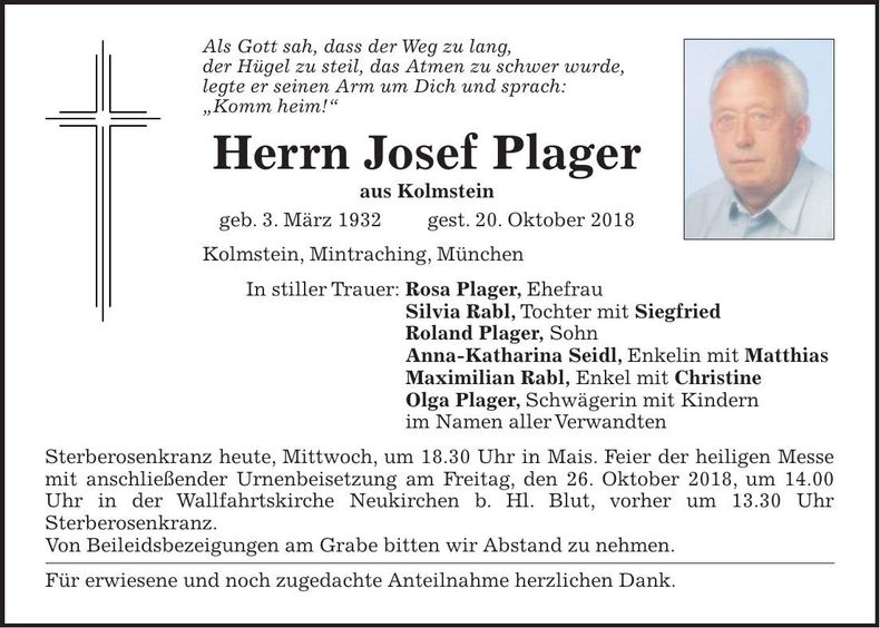 Traueranzeige Josef Plager